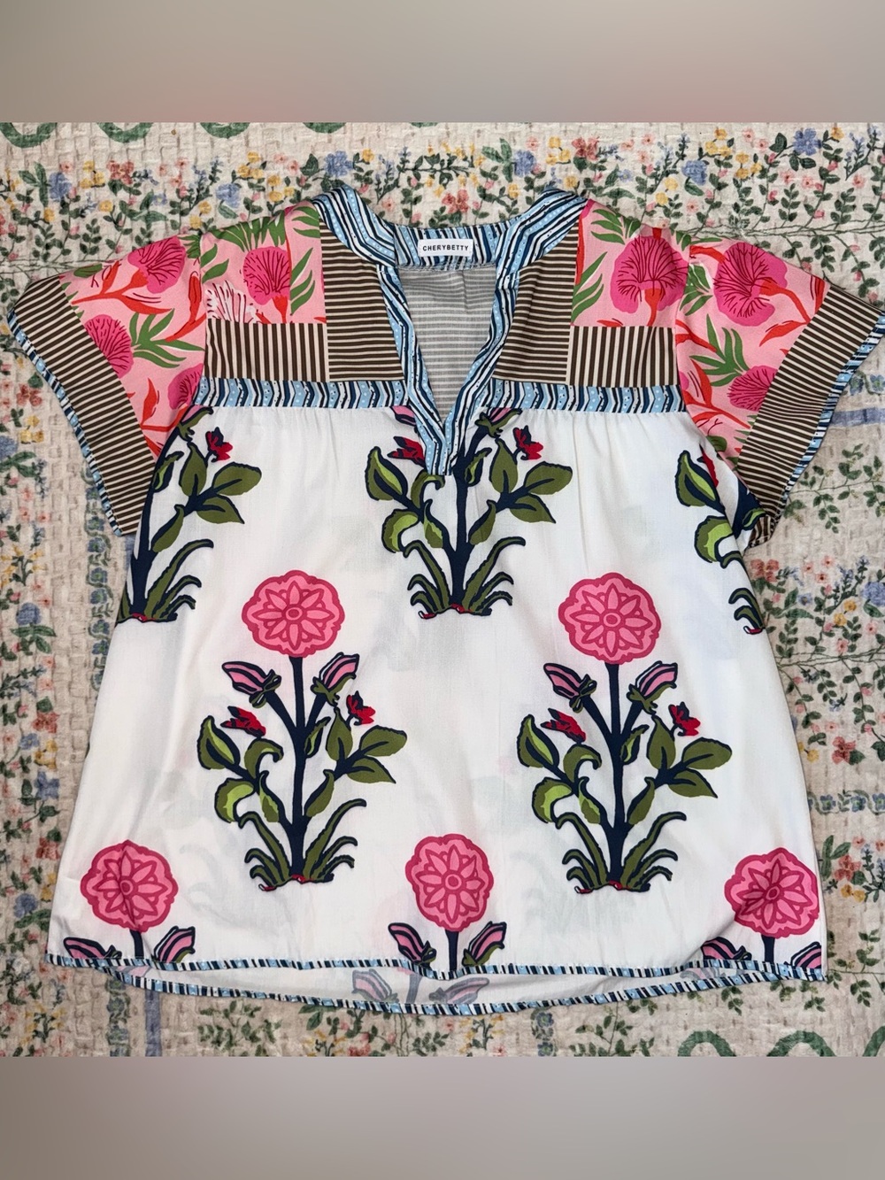 CHERYBETTY Mixed Print Floral Striped Tunic Blouse Size Large
